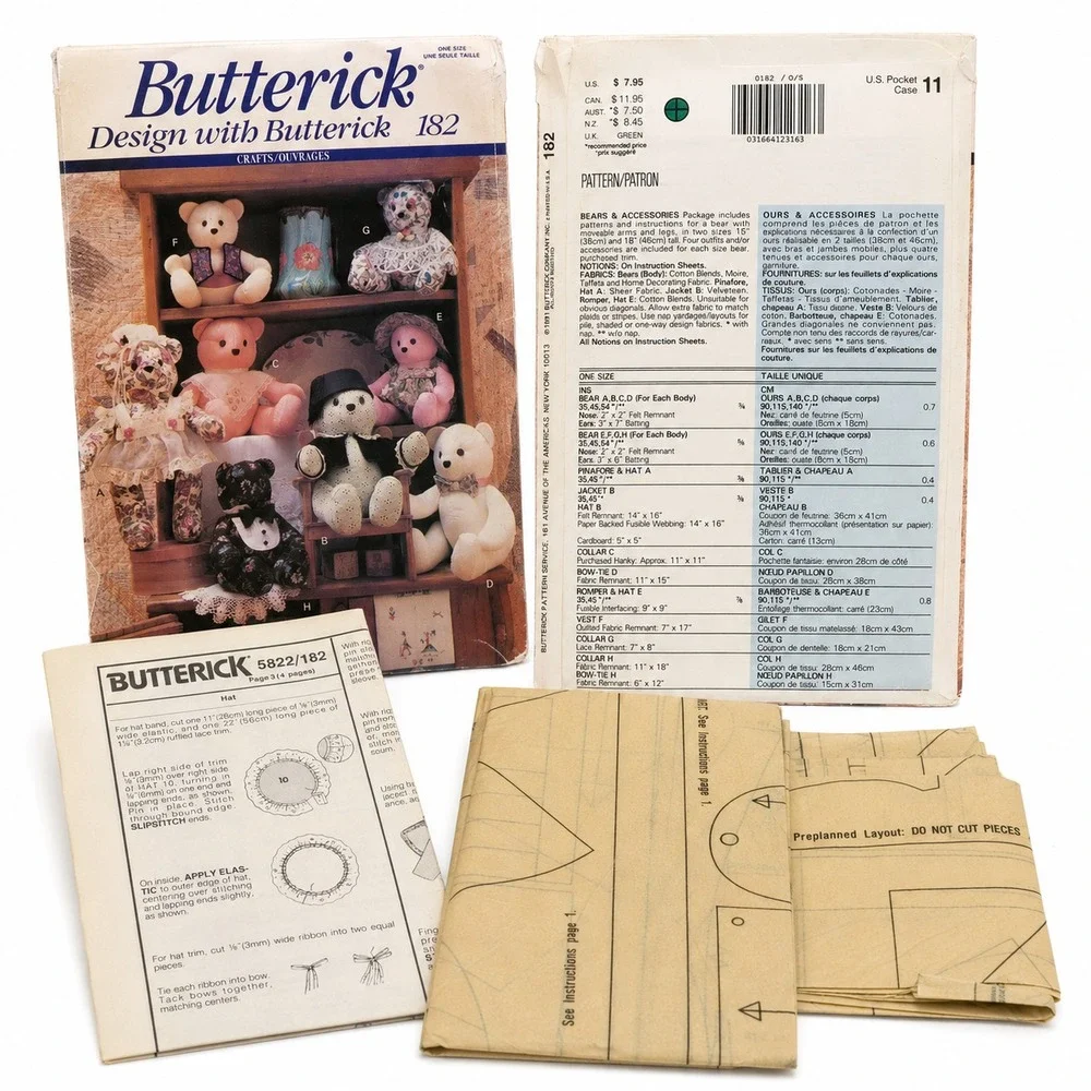 Butterick 182 Teddy Bear Sewing Pattern 15-18 Inch Clothes OS Multi Good Vintage
